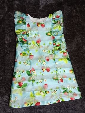 Pippa & Julie Aqua Blue/Red Strawberry Ruffle Sleeve A-Line Dress Girls Size 5